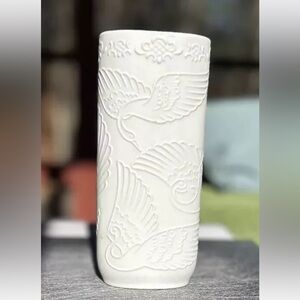 Vintage Vase White Bisque Pottery Embossed Crane White on White Flat Front Oval